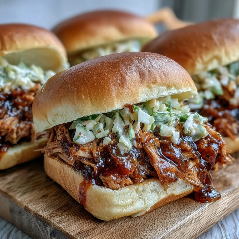 Close-up of juicy Applesauce Pulled Pork Sandwiches overflowing with slow-cooked meat and onions on a soft brioche bun.