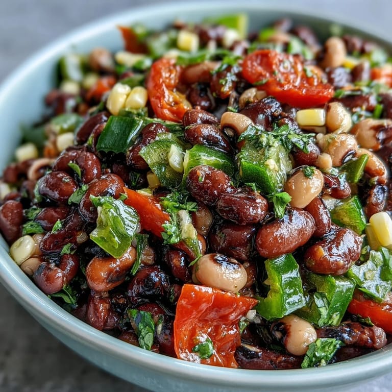 Hearty Cowboy Caviar dip with tortilla chips and diced avocado on a wooden table.