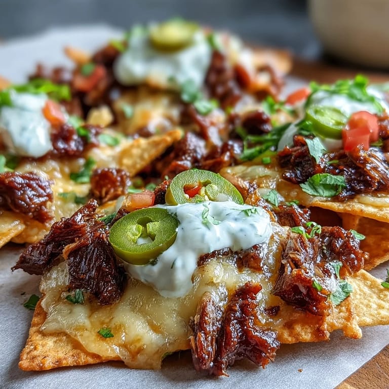 Hearty beef nachos topped with sour cream and diced tomatoes, served hot from the oven on game day.