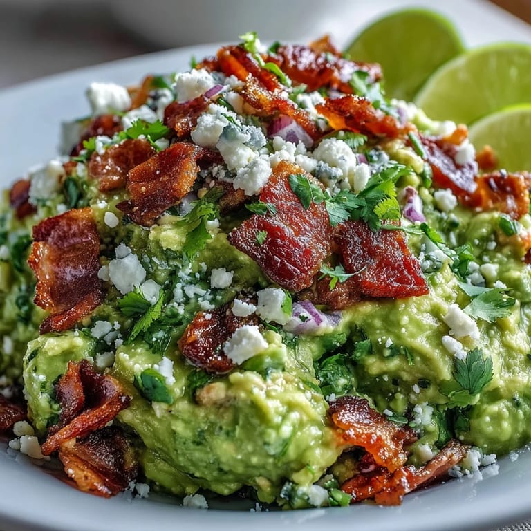 Hearty Bacon Guacamole With Cotija Cheese scooped into a bowl alongside colorful vegetable crudités for dipping.