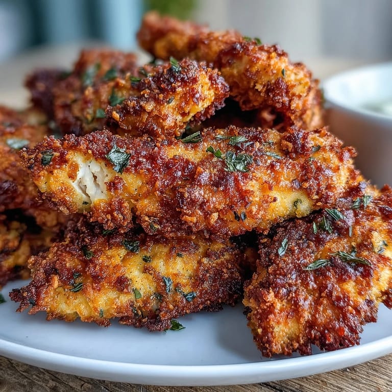 Enjoy high protein Air Fryer Chicken Strips with a crunchy texture, paired with a fresh green salad for a healthy dinner.