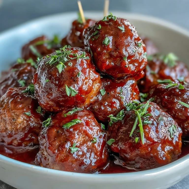 Tender Grape Jelly and Chili Sauce Meatballs glazed in a glossy, sticky sauce, served hot from the slow cooker on a platter.