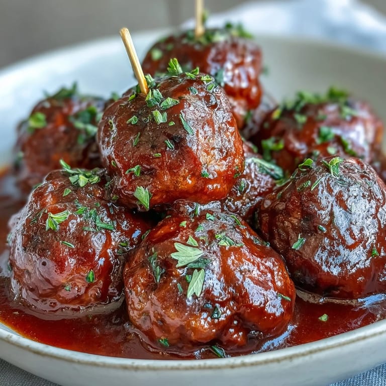 Appetizer platter of Grape Jelly and Chili Sauce Meatballs garnished with parsley, perfect for serving with toothpicks or over fluffy rice.