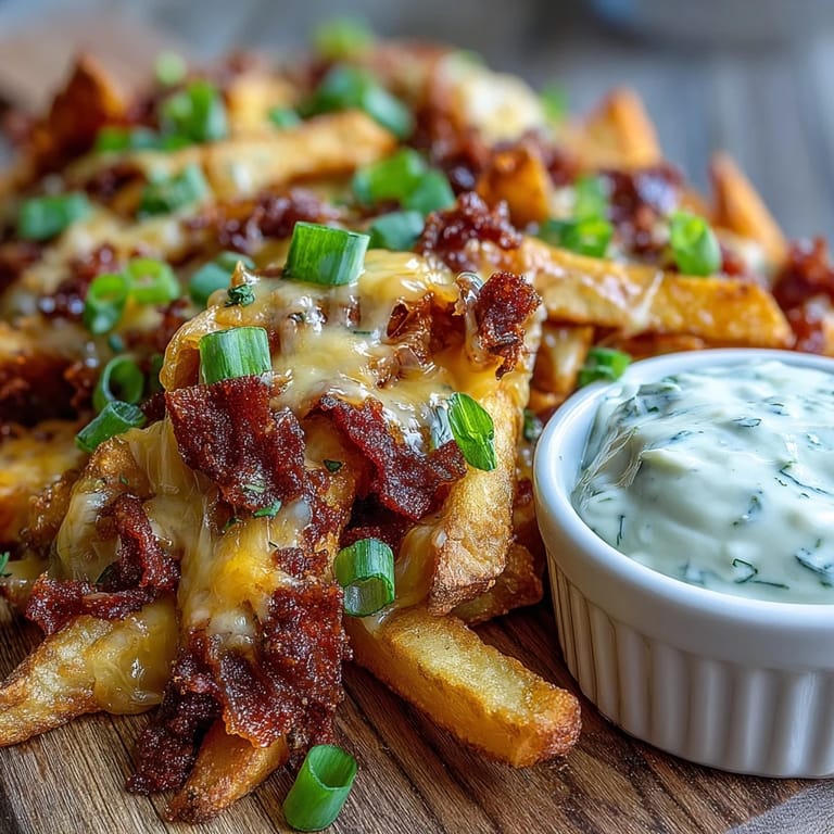 Crunchy baked fries topped with bubbly cheddar and a side of creamy homemade ranch dip for dipping.