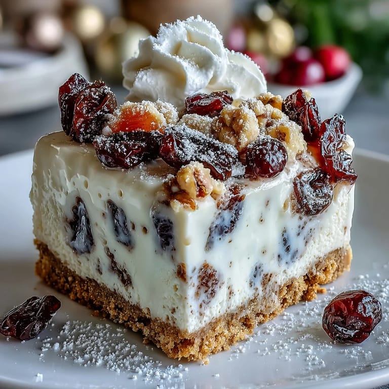 A slice of Christmas Cheesecake Slab reveals spiced cream cheese and tangy dried fruits atop a crunchy biscuit crust.