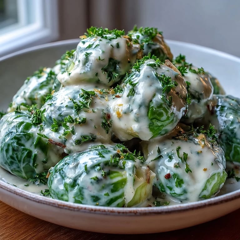 Tender Brussels sprouts in a velvety cream cheese mustard sauce, steaming in a skillet with sautéed onion and garlic for an aromatic vegetarian main.