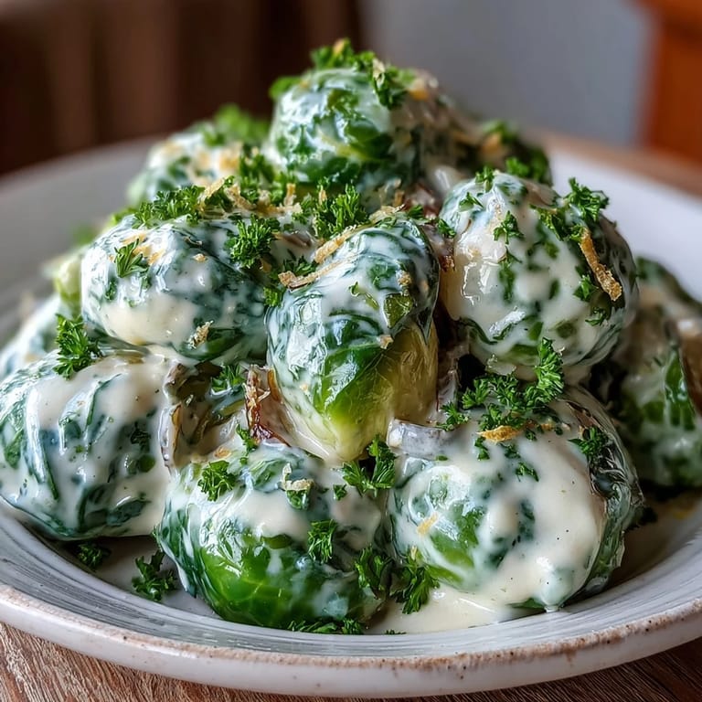 Golden Brussels sprouts tossed in a rich cream cheese mustard sauce, finished with lemon juice and fresh parsley for a bright, flavorful German-inspired side dish.