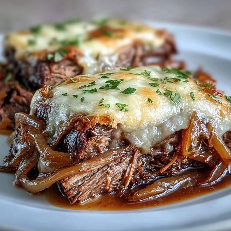 Serve Savory Crock Pot French Onion Pot Roast over creamy mashed potatoes, drizzled with savory juices and gooey melted cheese.