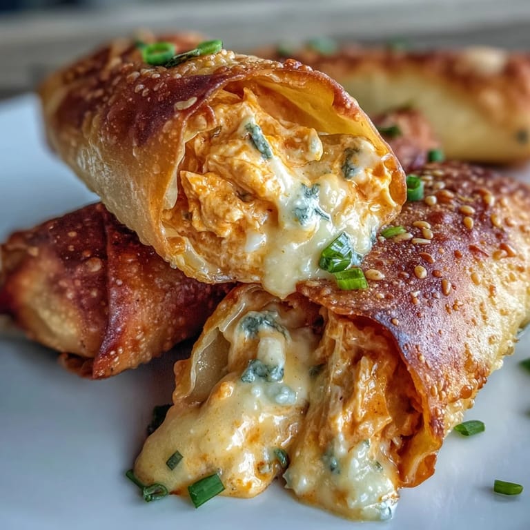 A hand dips a freshly fried Buffalo Chicken Dip Egg Roll into ranch, highlighting the melty, zesty interior.