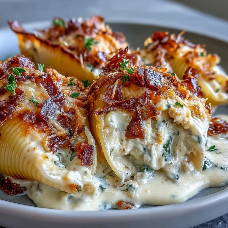 Fall dinner serving of cheesy Pumpkin & Gouda Stuffed Shells on a white plate with salad.