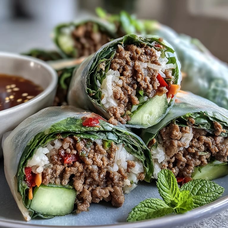Overhead view of Thai Basil Beef Rolls on a white plate, garnished with fresh basil and sliced chilies.