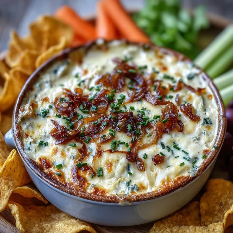 A golden, creamy Smoked Gouda & Onion Dip served with crunchy tortilla chips.