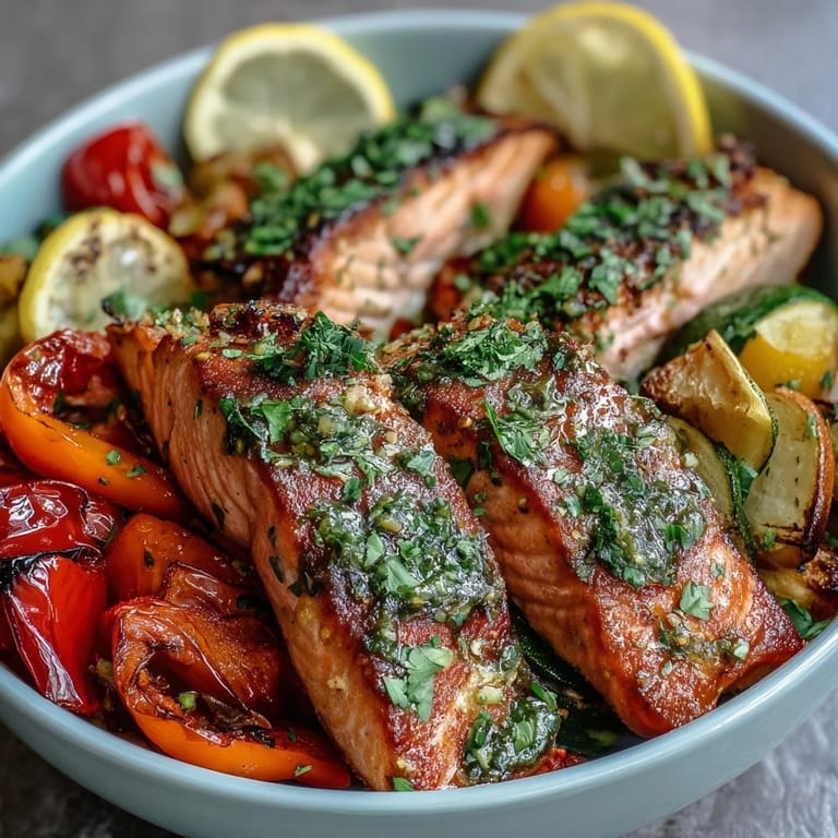 Ready in 40 minutes, this one-pan sheet pan salmon and veggies bowl features tender salmon and colorful roasted vegetables on a white plate.