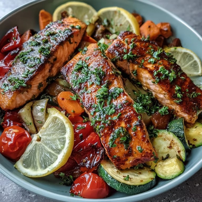 Serve the sheet pan salmon and veggies bowl with lemon wedges for a gluten-free, dairy-free weeknight dinner with golden, caramelized edges.