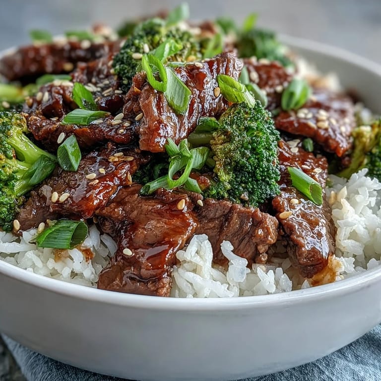 A close-up view shows glossy Beef and Broccoli Bowl ingredients glistening with sauce, garnished with green onions and sesame seeds.