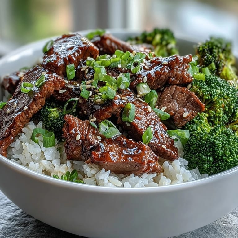 This homemade Beef and Broccoli Bowl features vibrant green broccoli and caramelized beef pieces resting on steamed jasmine rice.