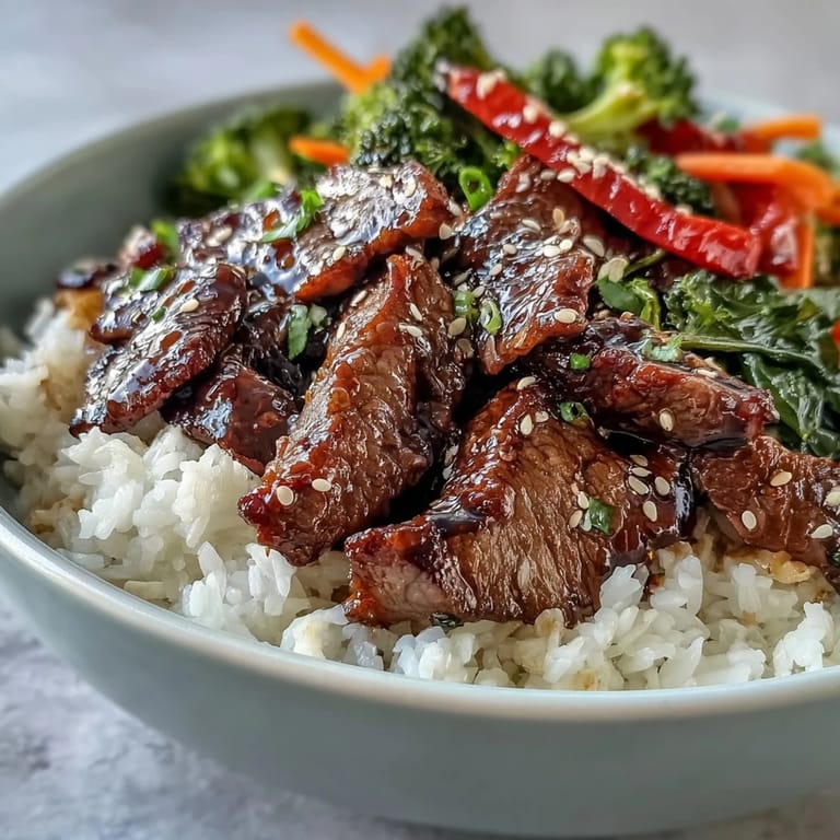 A close-up of a Teriyaki Beef Bowl showing glossy sauce and sesame seeds over sautéed vegetables and steamed rice.