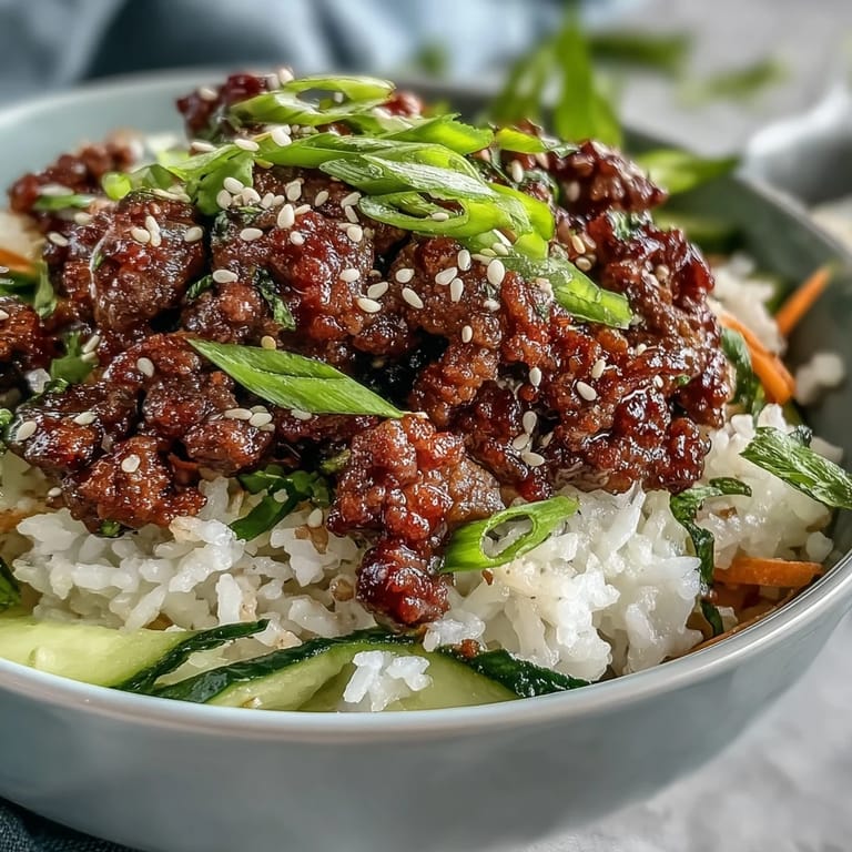 A close-up of a Korean ground beef bowl featuring fluffy cauliflower rice, savory beef, and tangy quick-pickled veggies.