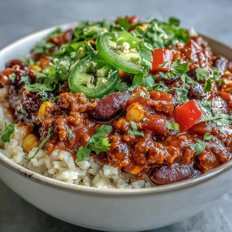 Chili bowl base with seasoned ground beef, beans, and corn ladled over grains, garnished with avocado slices and a dollop of sour cream.
