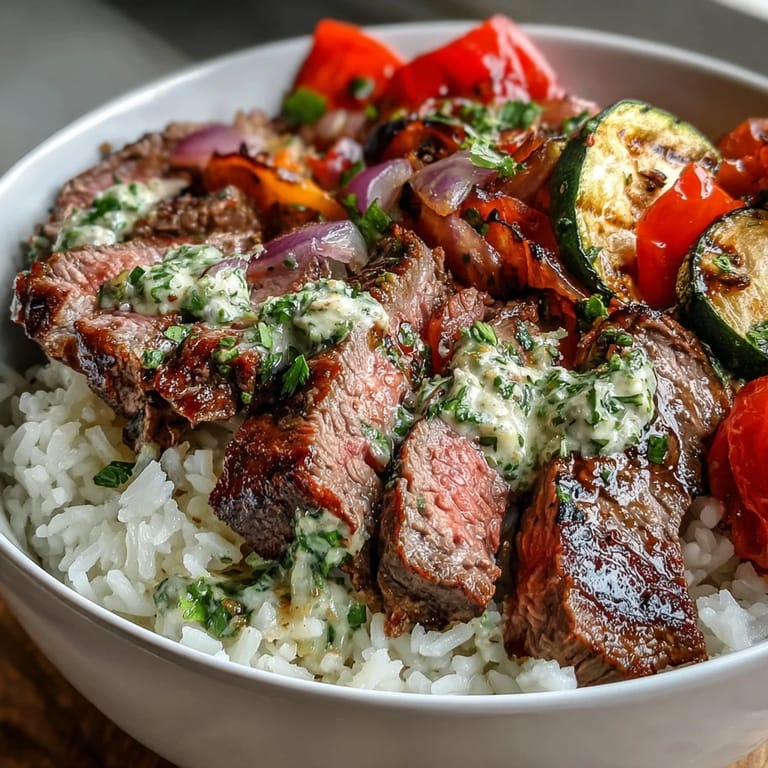 Sliced grilled steak over a bed of rice and roasted veggies, garnished with zesty chimichurri for a delicious weeknight meal in a bowl.