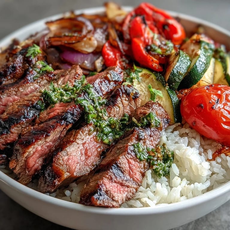 A hearty Grilled Steak Bowl with savory steak slices, caramelized veggies, and bright green sauce ready for a satisfying lunch or dinner.