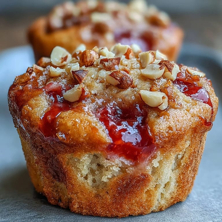 A close-up view of freshly baked Peanut Butter and Guava Muffins revealing a moist crumb studded with sweet guava jelly and creamy peanut butter swirls.