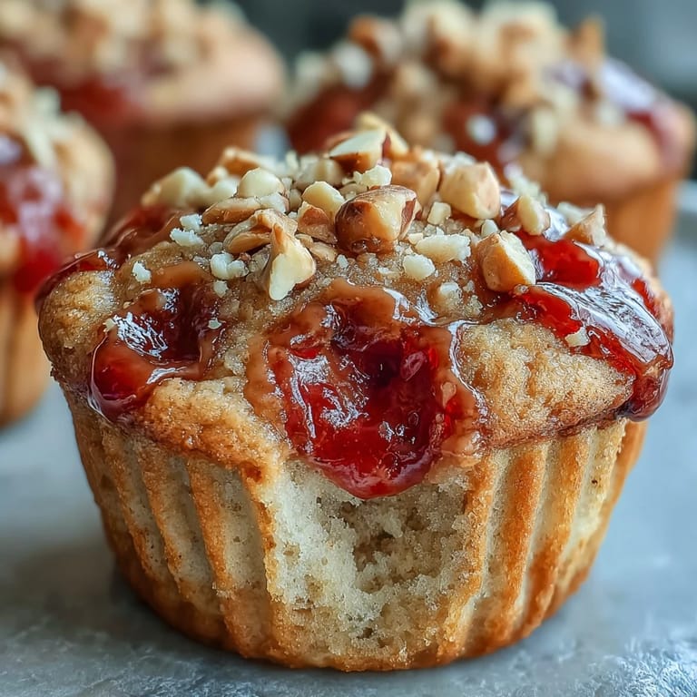 Peanut Butter and Guava Muffins arranged in a white ceramic muffin tin, ready to eat, capturing the nostalgic flavors of a classic PB&J sandwich.