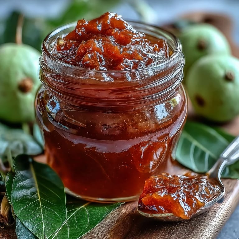 A warm slice of toast spread with homemade Guava Preserves beside fresh guavas. 