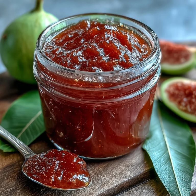 Spoonful of glossy Guava Preserves next to a creamy brie cheese on a wooden board.