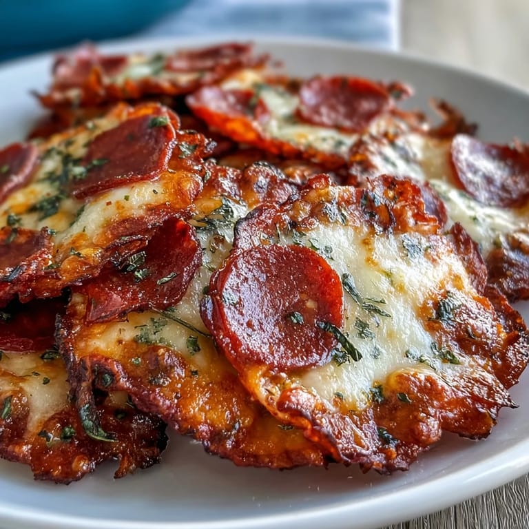 Spicy Pepperoni Cheese Crisps garnished with fresh parsley and red pepper flakes on a cooling rack.