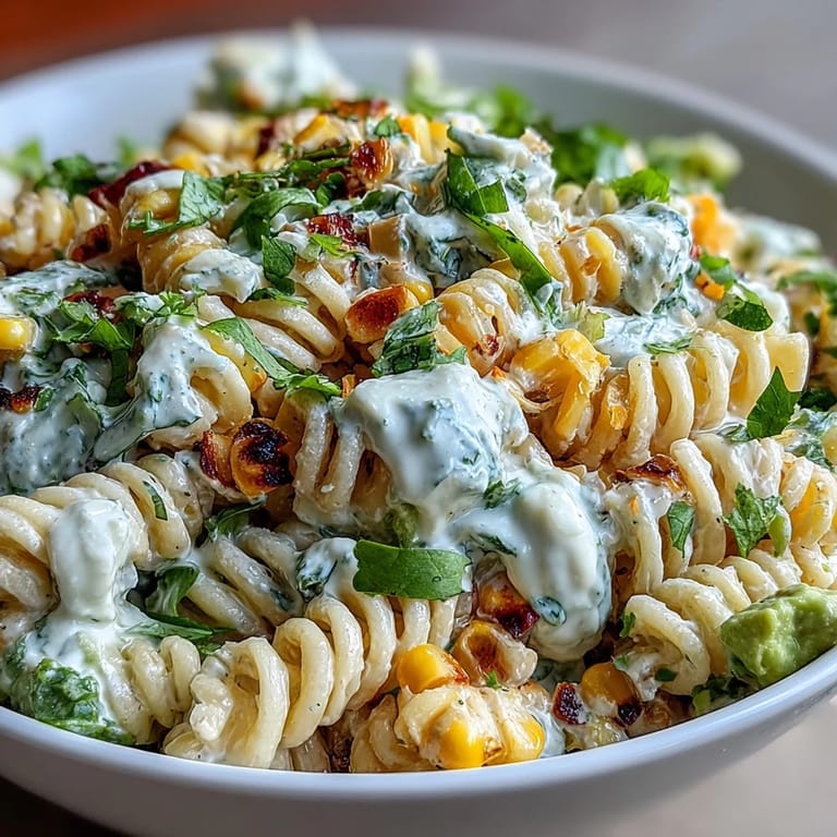 Torn fresh basil and cilantro garnish the Creamy Street Corn Pasta Salad, with creamy cheese dressing coating the ingredients.