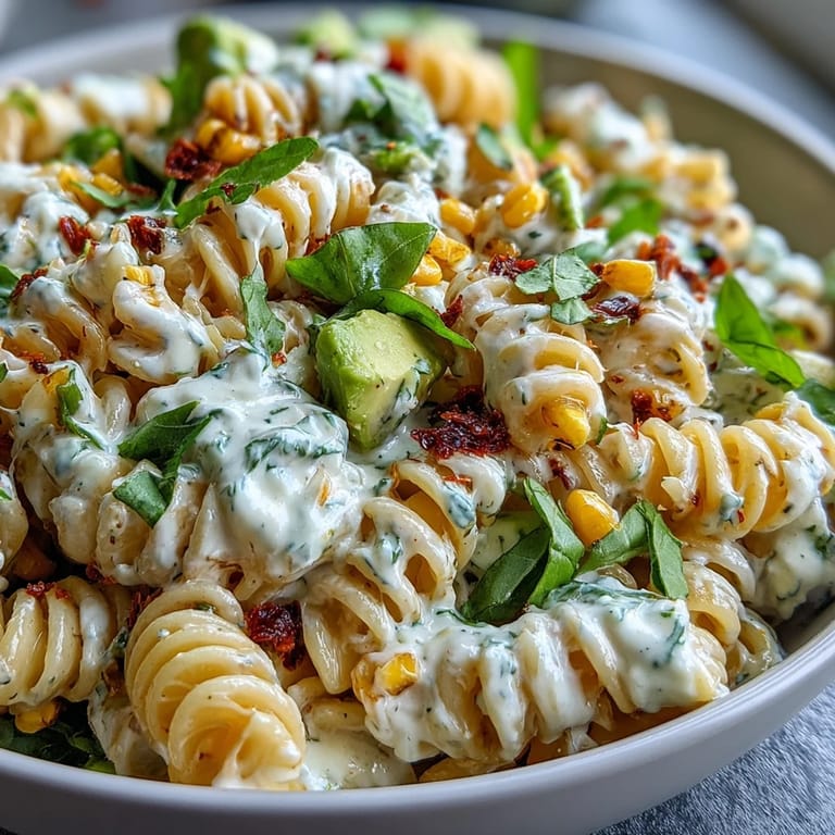 Drizzled lime mayo and chili butter add vibrant color to the Creamy Street Corn Pasta Salad served for a summer meal.