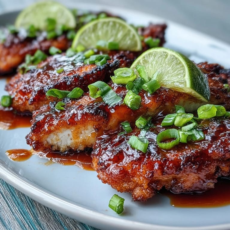 Golden-brown pressure cooker Thai Sweet Chili Chicken cutlets smothered in a sticky, glossy glaze, topped with thinly sliced green onions for a fresh crunch.