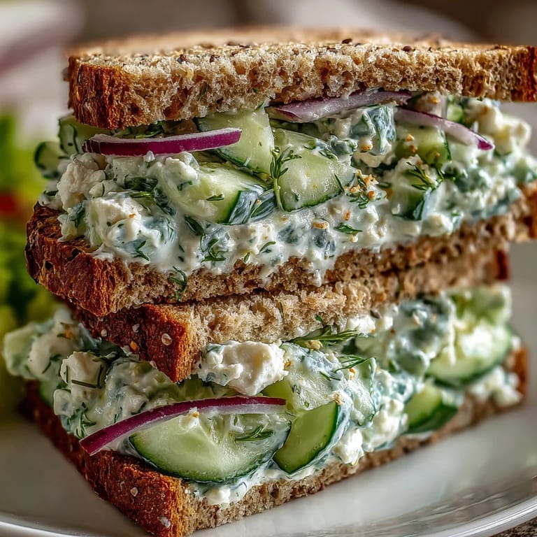 Tasty Easy Cucumber Salad Sandwiches cut in half, revealing a colorful filling of feta, dill, and lemon-seasoned cucumbers.