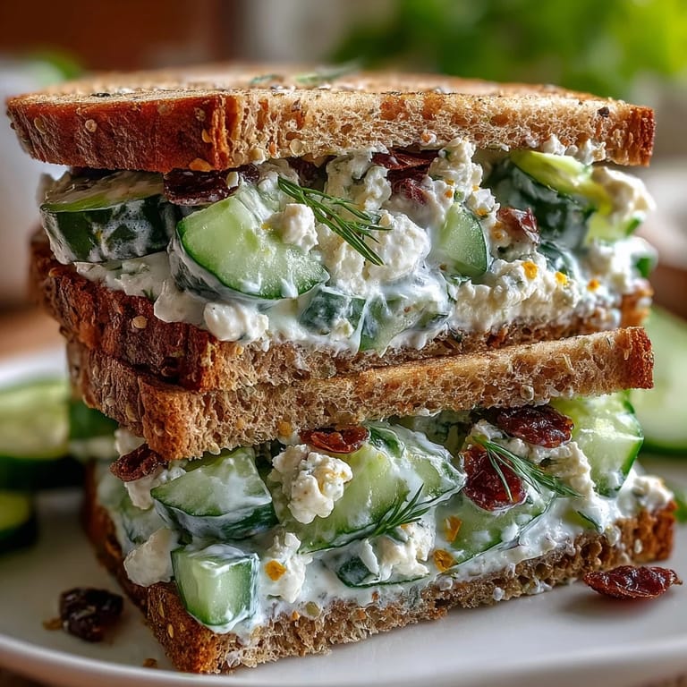 Delicious Easy Cucumber Salad Sandwiches stacked high with alfalfa sprouts and red onion, perfect for a light vegetarian lunch.