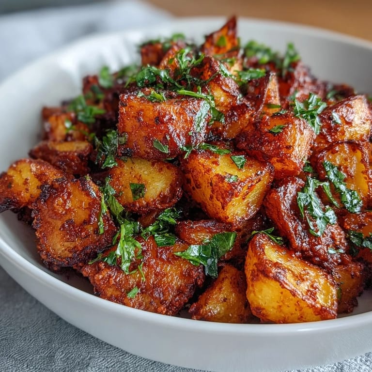 A skillet of Spicy Mexican-Style Street Potatoes topped with chopped cilantro and a lime wedge garnish.