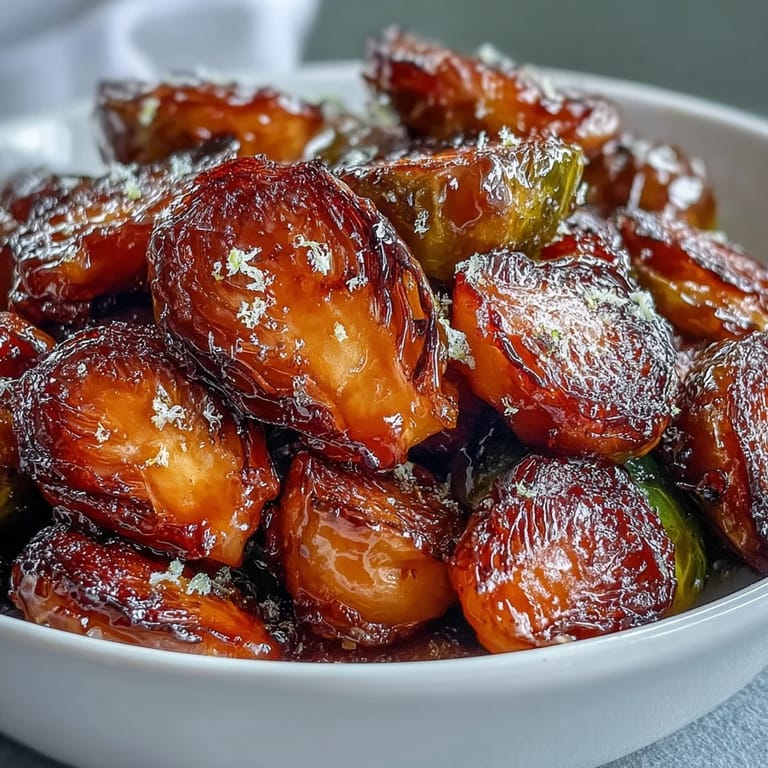 Freshly roasted Irresistible Orange Maple Glazed Brussels Sprouts piled high in a white ceramic serving bowl, garnished with bright orange zest. 