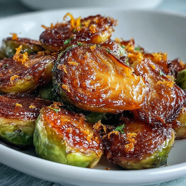 Savory Irresistible Orange Maple Glazed Brussels Sprouts served on a dinner plate alongside roasted chicken, featuring crispy edges and a sticky glaze.