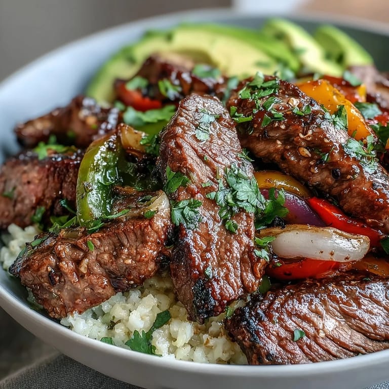 Colorful sautéed vegetables and seasoned steak fill a Steak Fajita Bowl over fluffy cauliflower rice.