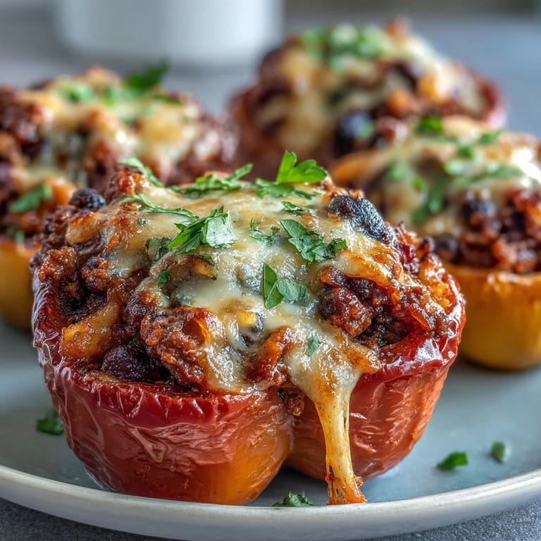 Spicy chili mac filling spills from vibrant roasted bell peppers, garnished with fresh cilantro and green onions.