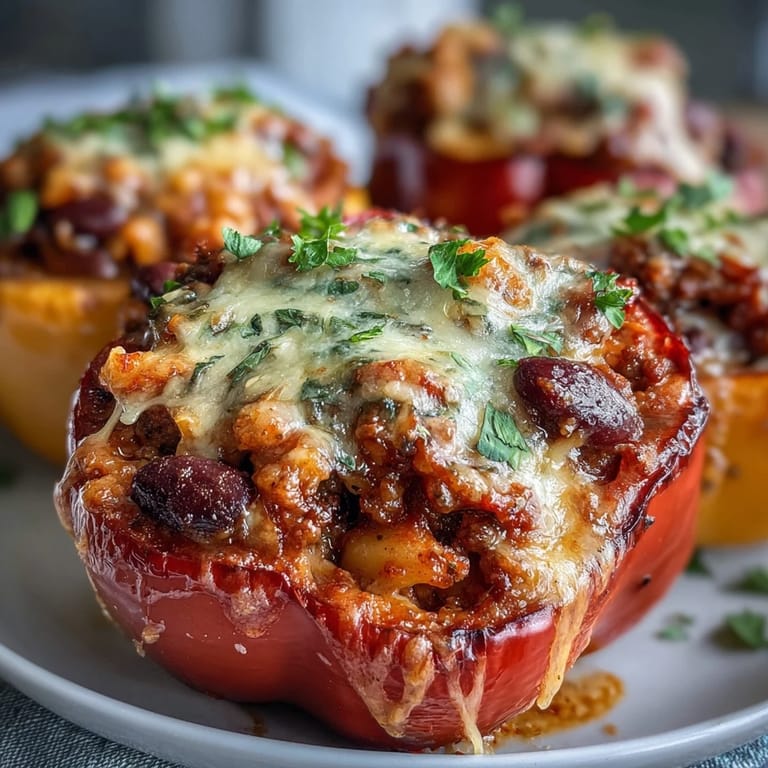 Hearty chili mac stuffed peppers served on a rustic plate, melted cheddar and diced tomatoes visible.