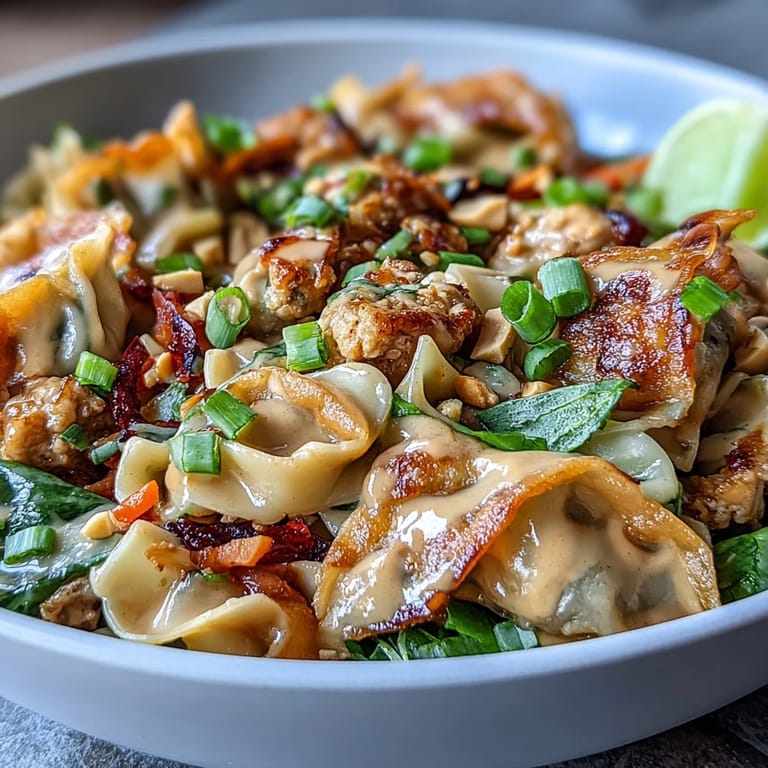 Stir-fried Creamy Thai-Inspired Peanut Noodle Bowls featuring tender ground chicken and wide noodles with a rich, savory sauce.