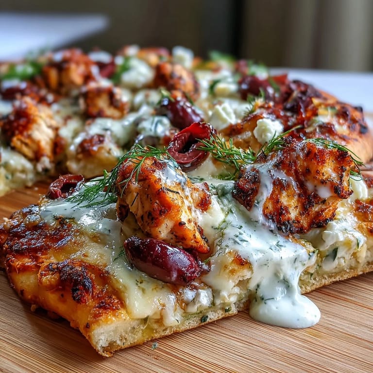 Sliced wedge of Lemon Feta Chicken Naan Pizza on a plate, creamy tzatziki drizzle cascading down over melted mozzarella and fresh dill garnish.