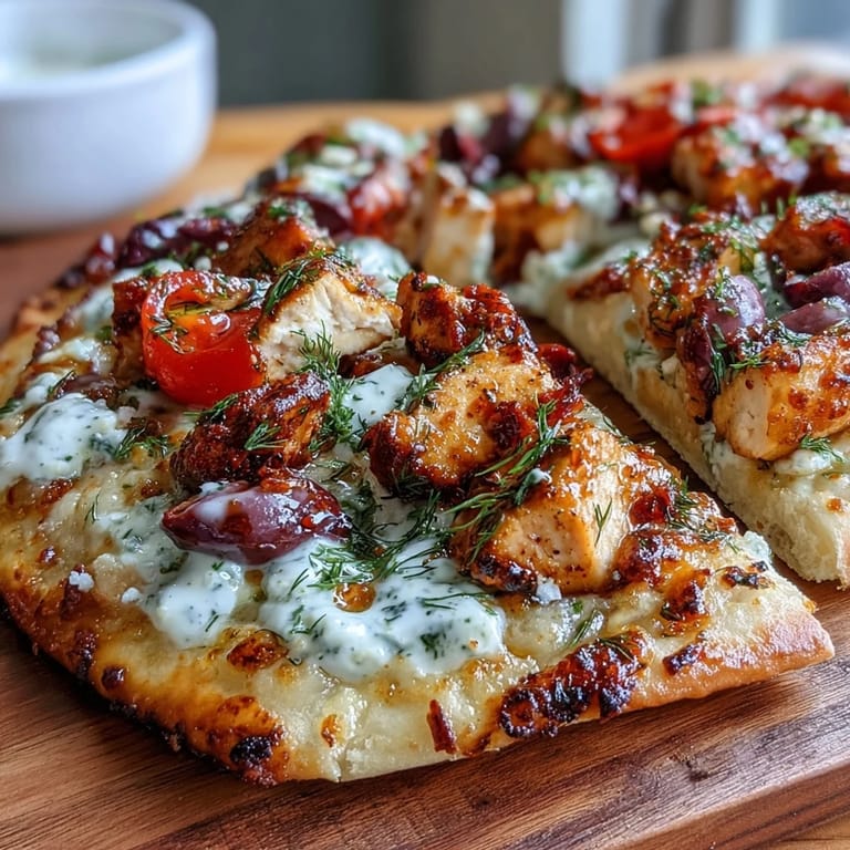 Overhead view of baked Lemon Feta Chicken Naan Pizza on a wooden board, surrounded by lemon wedges, olives, and a bowl of cool tzatziki.