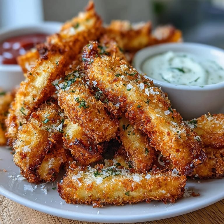 Oven-baked chicken fries with Parmesan breading, ready for dipping in tangy sauce.