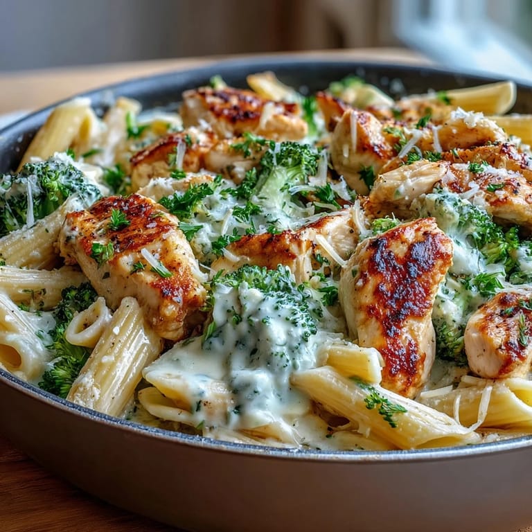 Hearty skillet of Garlic Parmesan Broccoli & Chicken Pasta next to a glass of white wine and crusty bread on a cozy dinner table.