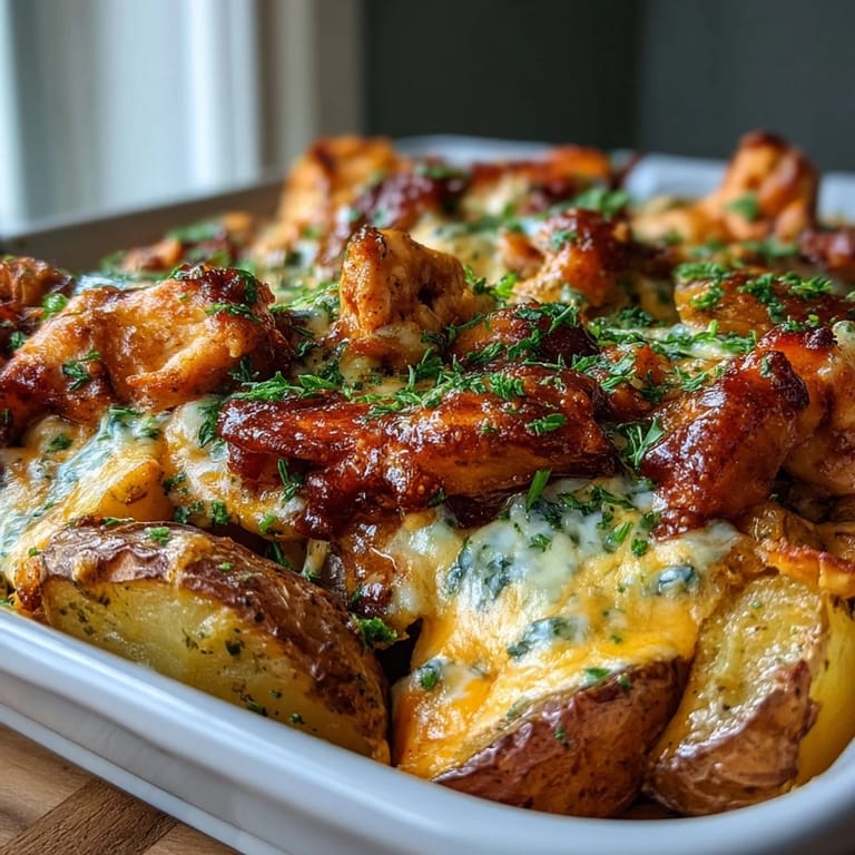 Serving suggestion of Buffalo Ranch Chicken Potato Bake plated alongside a crisp salad for a complete meal.