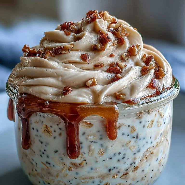 Spoon lifting from a jar of High-Protein Cinnamon Roll Overnight Oats, revealing creamy oats layered with cinnamon spice for a healthy breakfast.