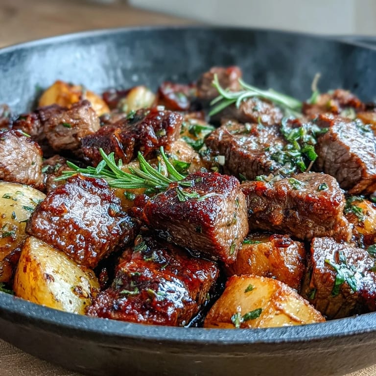 Fresh rosemary and lemon juice brighten the rich garlic butter sauce over tender steak and potatoes.