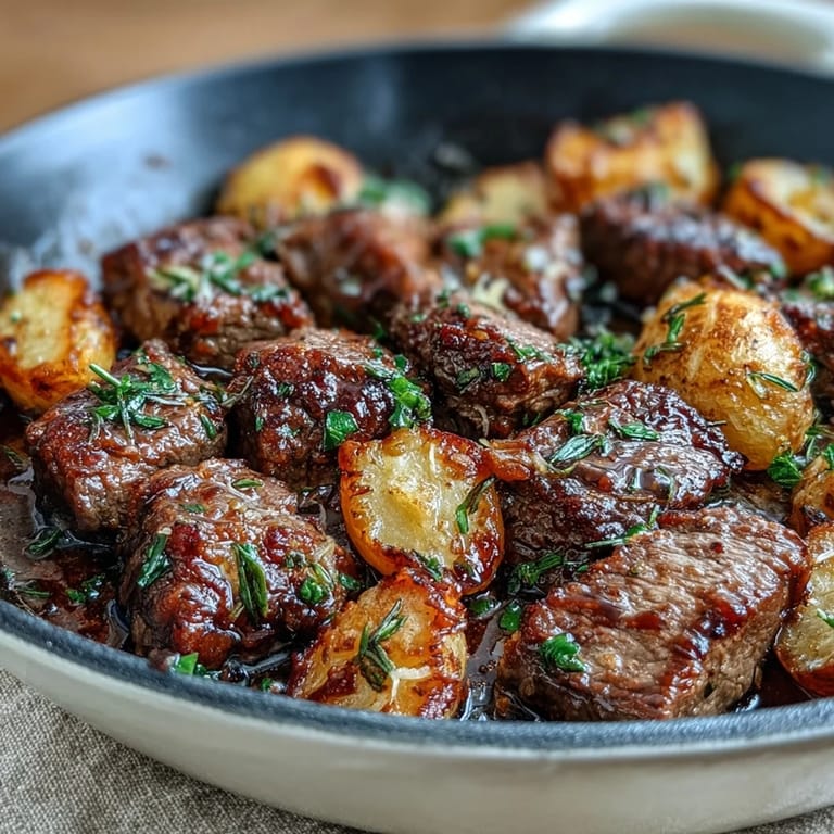 Garlic Butter Steak & Potato Skillet ready to serve, garnished with fresh parsley for a family dinner.